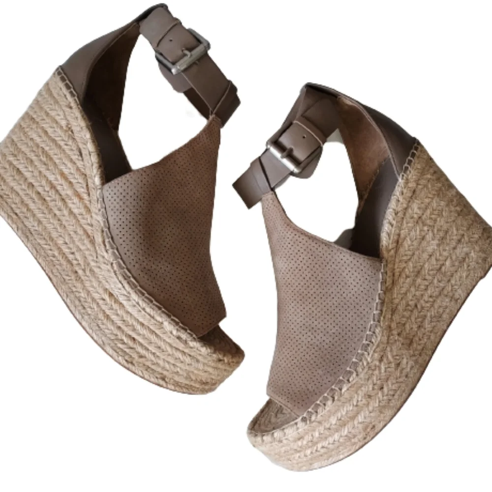 Marc Fisher Annie Platform Wedge Shoe Size 10M Tan Beige Espadrille